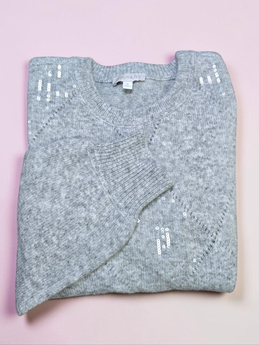 Crown & Ivy | perforated diamond sequin crew neck knit sweater \ SIZE SMALL